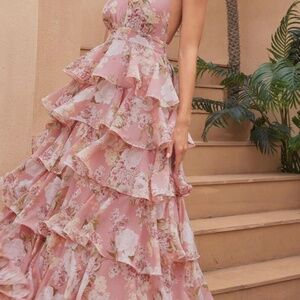 Watercolor V-Neck Halter Backless Chiffon Floral Dress Shein